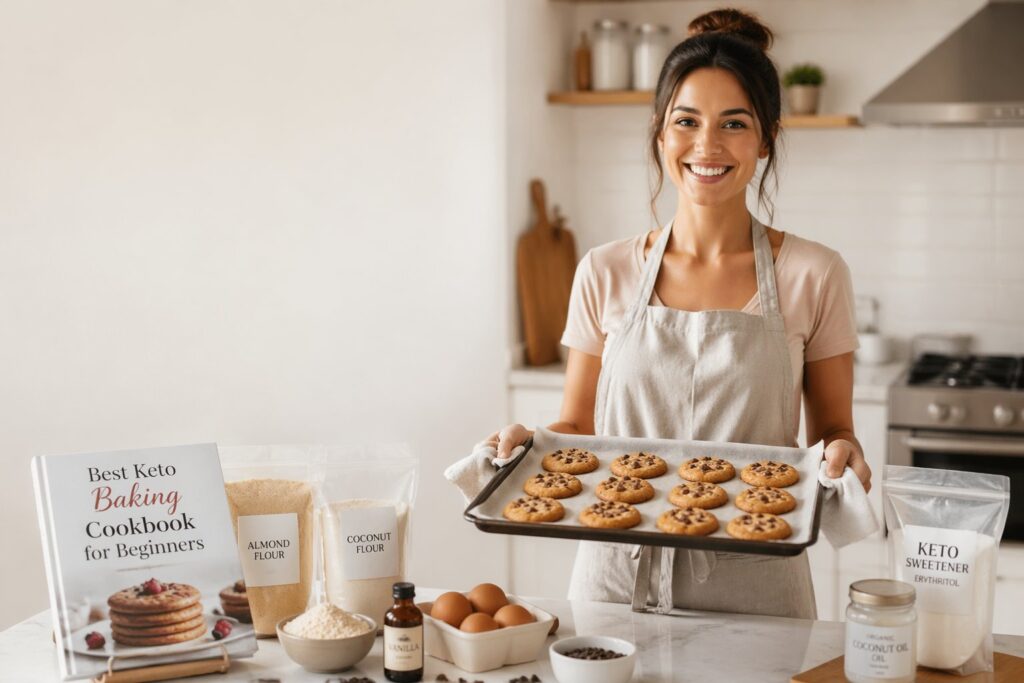 A beginner baker in a modern kitchen using the best keto baking cookbook for beginners, surrounded by almond flour