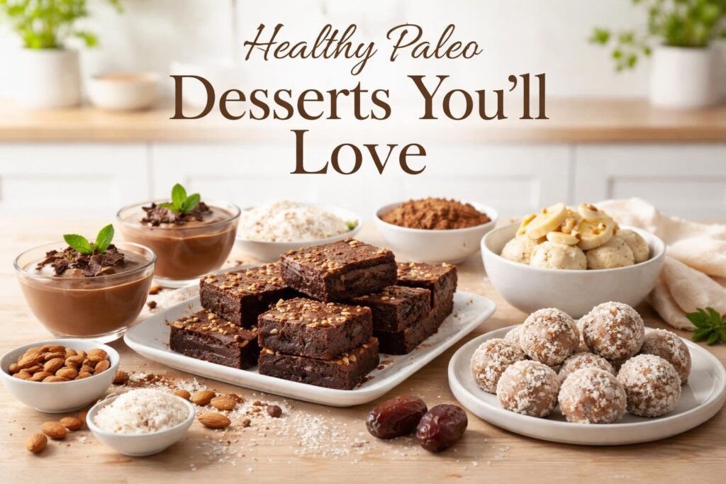 A collection of paleo dessert recipes healthy including chocolate mousse, almond flour brownies, and coconut energy balls on a wooden table in a bright kitchen, showcasing clean eating desserts.