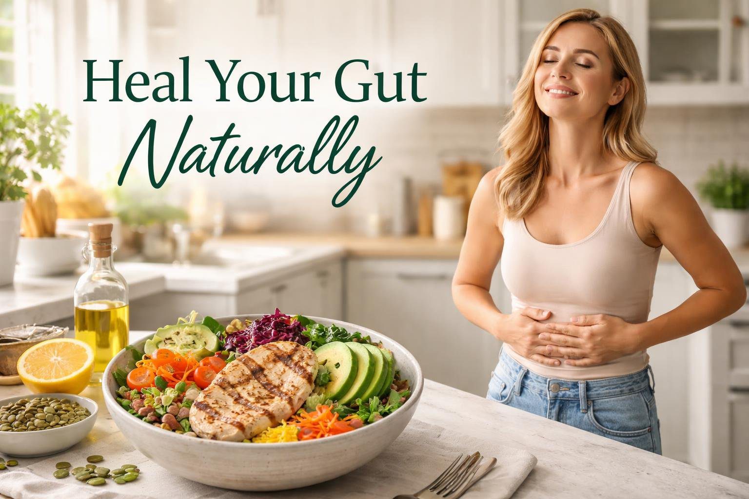 A happy woman enjoying a grain-free diet meal in a modern kitchen, showing grain free diet benefits for gut health, improved digestion, reduced bloating, and natural gut healing lifestyle.