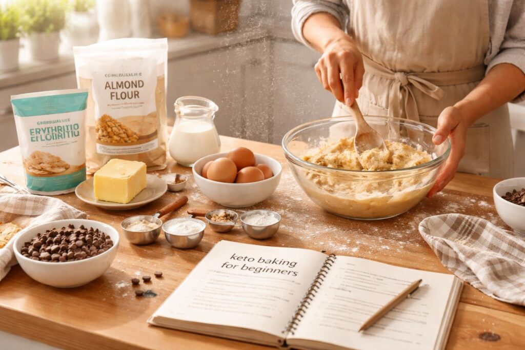 Beginner practicing keto baking tips for beginners in a cozy kitchen using almond flour, keto sweeteners, and eggs to prepare low carb cookies with step-by-step baking guidance and healthy ingredients.