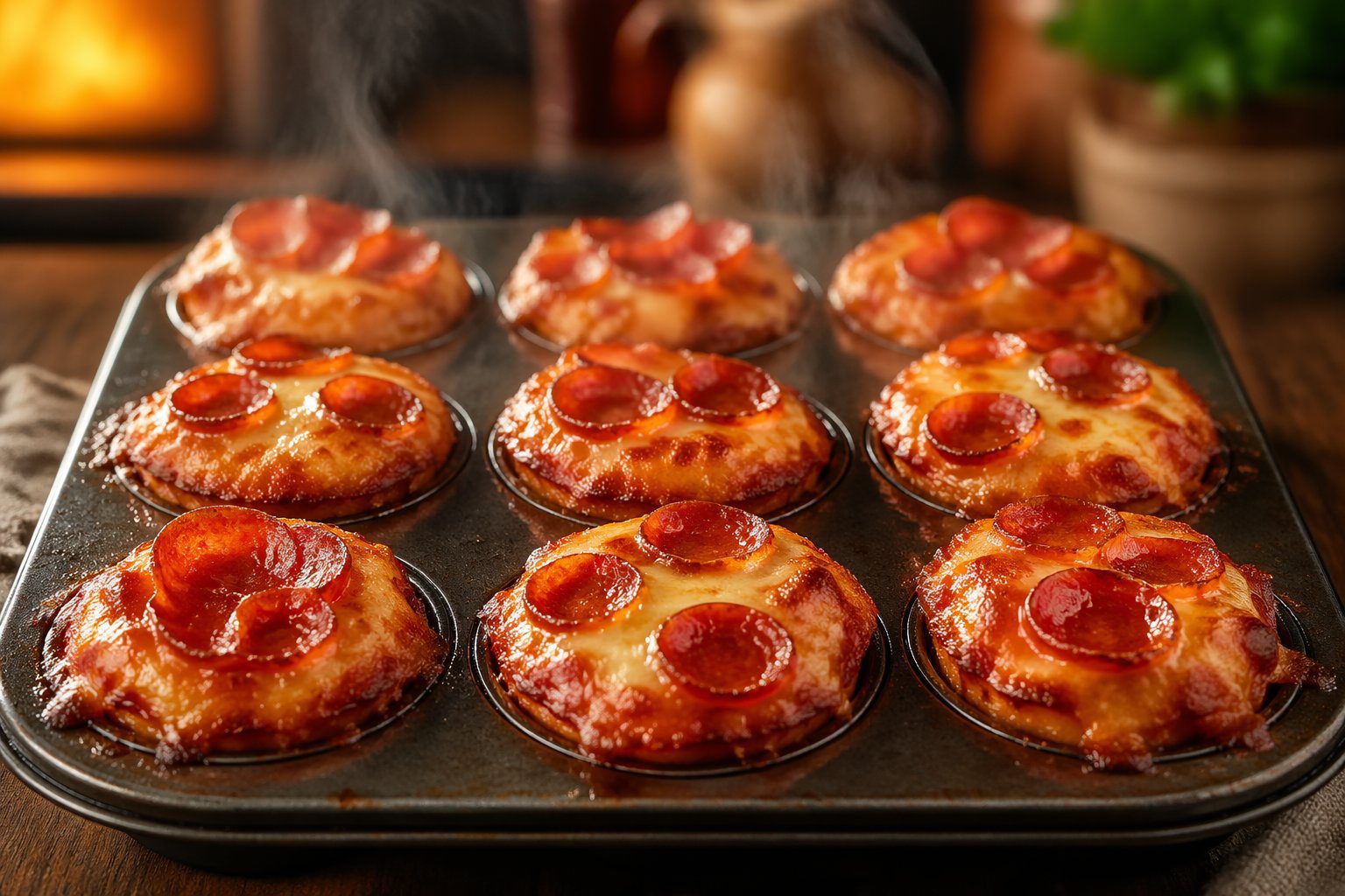 Close-up of Cheesy Keto Pepperoni Bites A Crispy Low-Carb Indulgence baked in a tray, showing melted cheese, crispy edges, and pepperoni topping in a keto low carb snack recipe style.