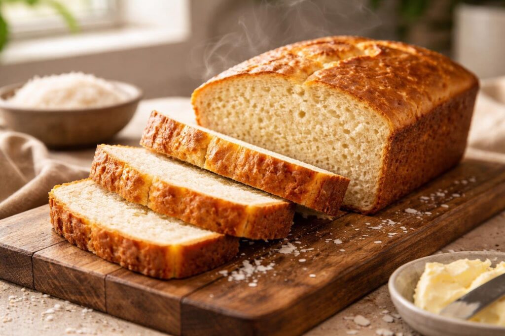 Coconut flour bread recipe low carb sliced loaf showing fluffy texture and golden crust on wooden board keto gluten free bread