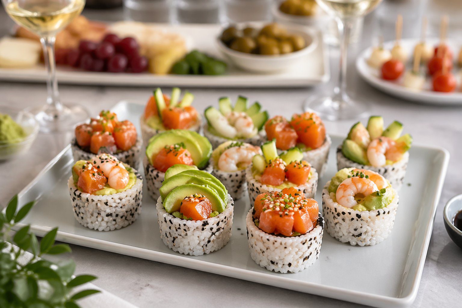 Colorful sushi cups served on a party platter with fresh salmon, avocado, shrimp, and rice, styled as easy homemade bite-sized sushi appetizers for parties and entertaining.