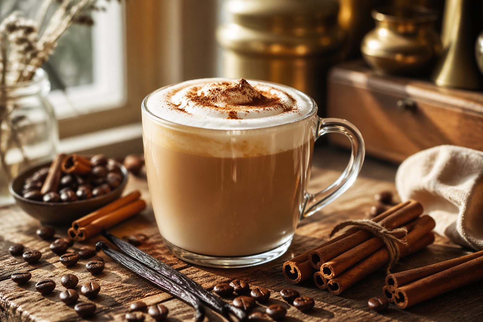 Cozy vanilla cinnamon latte at home served in a glass mug with frothy milk and cinnamon topping on a rustic table, creating a warm coffee shop style latte atmosphere in a cozy kitchen.