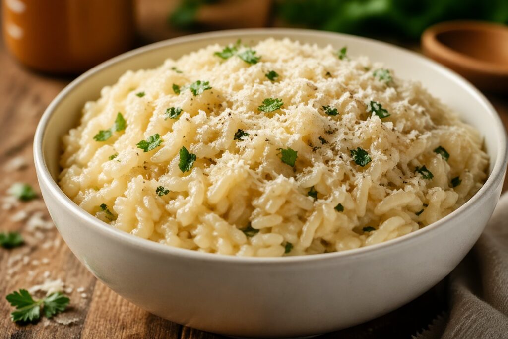 Creamy Garlic Parmesan Rice in a white bowl with fresh parsley and parmesan, showcasing rich buttery garlic flavor in a cozy rustic kitchen setting.