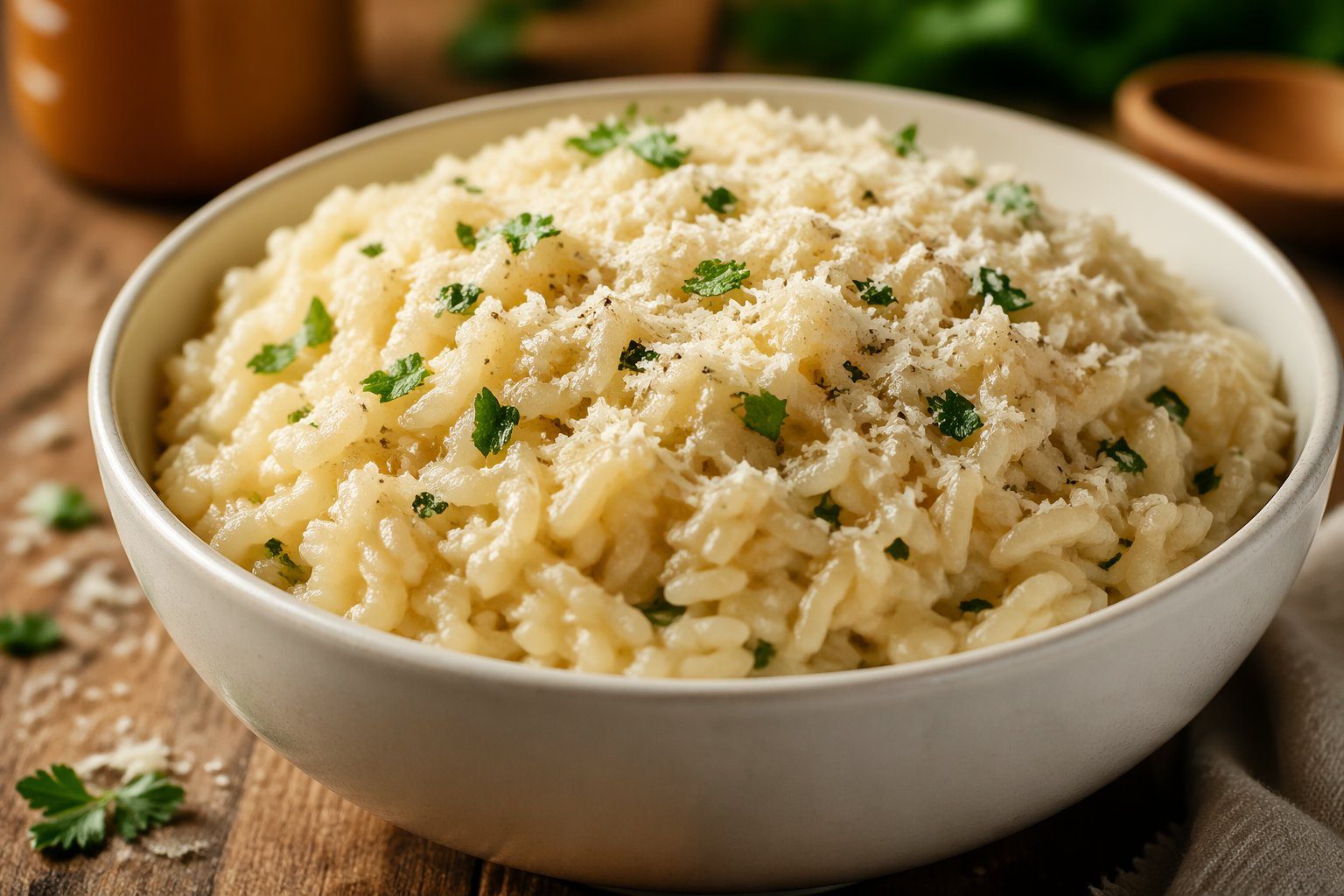 Creamy Garlic Parmesan Rice in a white bowl with fresh parsley and parmesan, showcasing rich buttery garlic flavor in a cozy rustic kitchen setting.