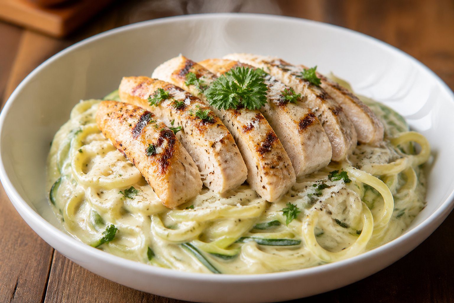 Creamy keto chicken alfredo with zucchini noodles, grilled chicken, and rich low-carb parmesan sauce in a rustic bowl