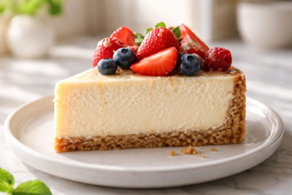 Creamy low carb cheesecake recipe easy keto dessert slice with berries on top, smooth sugar-free cheesecake on white plate in bright natural kitchen lighting