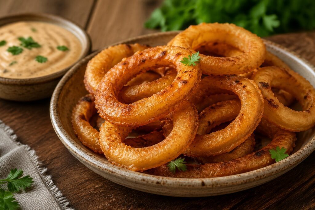 Crispy keto onion rings without breadcrumbs or frying served in a bowl with low-carb dipping sauce, golden crunchy healthy snack recipe