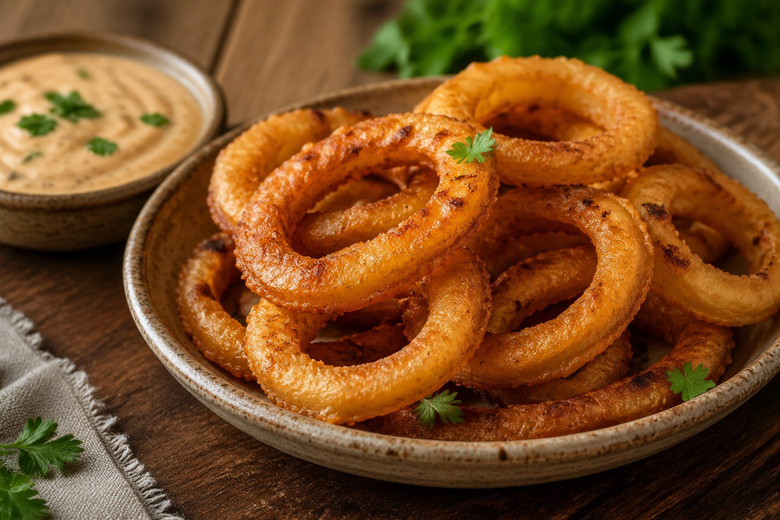Crispy keto onion rings without breadcrumbs or frying served in a bowl with low-carb dipping sauce, golden crunchy healthy snack recipe