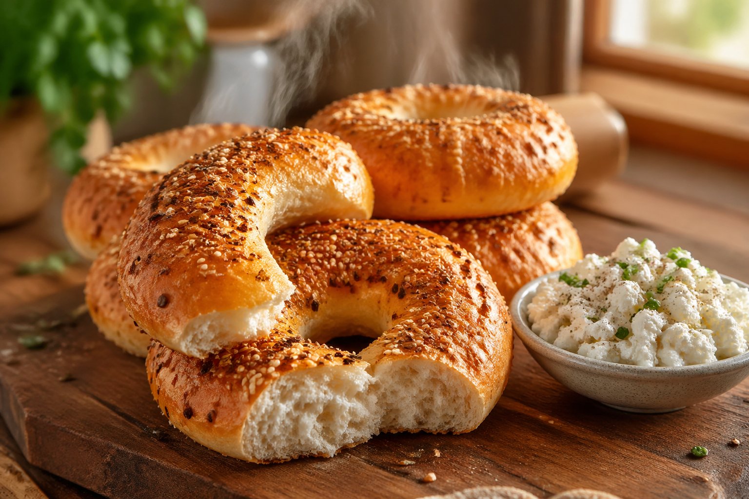 Delicious high protein cottage cheese bagels fresh from air fryer, golden and fluffy homemade healthy bagels recipe, easy oven or air fryer cooking method for protein breakfast