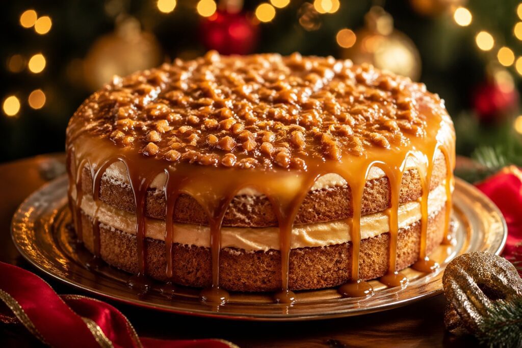 Delicious holiday bliss with toffee crunch cake featuring caramel drizzle and crunchy topping on a festive table with warm lights