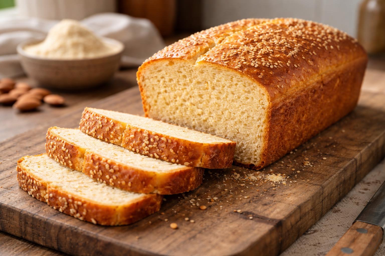 Easy keto bread recipe with almond flour loaf sliced on wooden board showing soft fluffy low carb texture in natural light