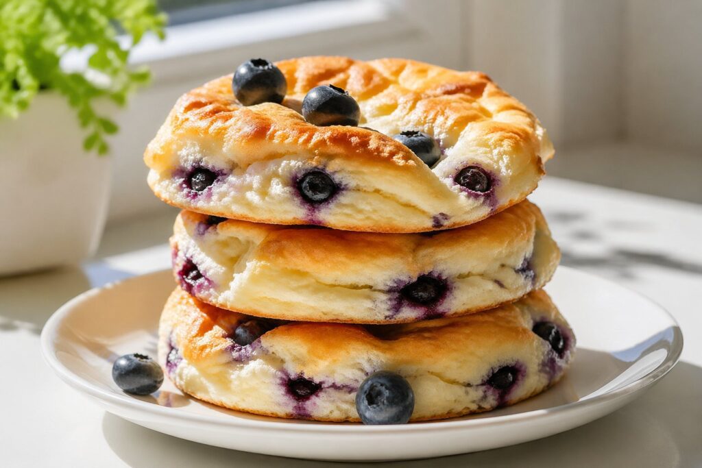 Fluffy Cottage Cheese Blueberry Cloud Bread stacked on a plate with fresh blueberries, soft airy texture and golden baked edges, healthy low carb keto dessert served in natural morning light