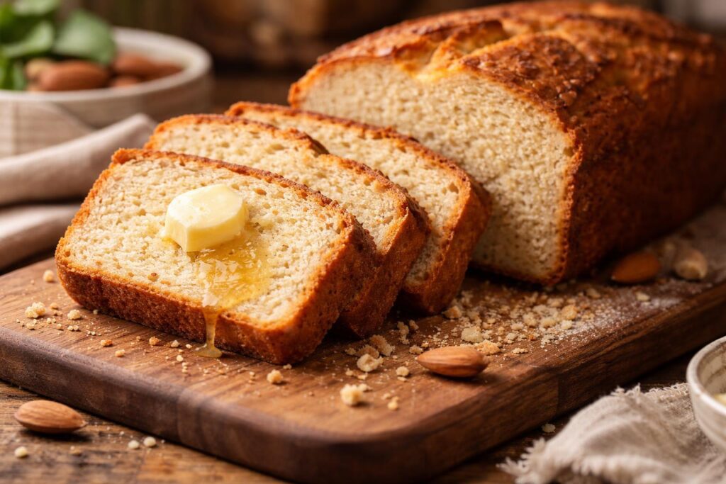 Freshly baked almond flour bread recipe no yeast keto bread sliced on wooden board with soft fluffy texture, healthy low carb gluten free homemade bread in rustic kitchen setting
