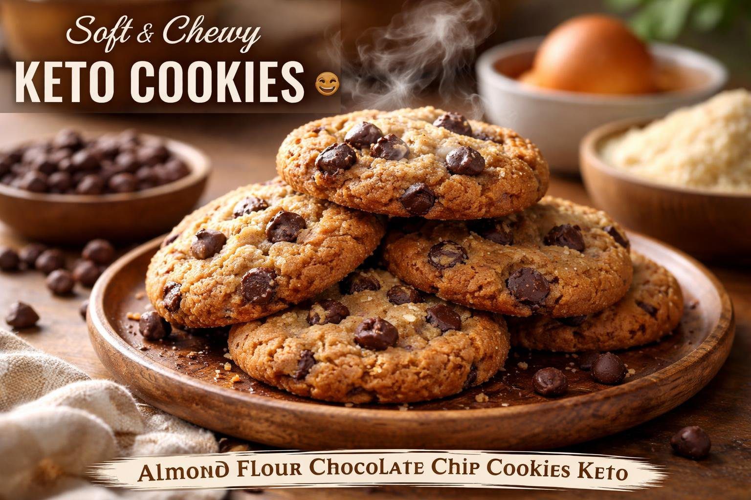 Freshly baked almond flour chocolate chip cookies keto stacked on a wooden plate with melted chocolate chips, showing soft chewy texture in a warm cozy kitchen setting for a healthy low carb dessert recipe