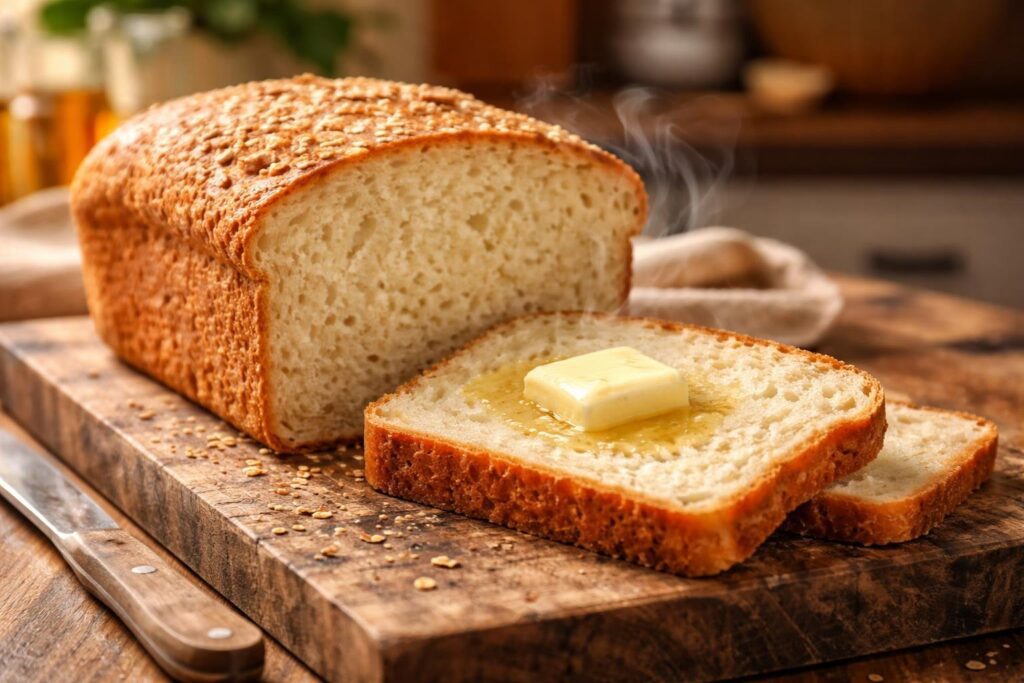 Freshly baked gluten free bread that tastes good with soft fluffy texture, golden crust, and warm buttery slices in a cozy kitchen setting.