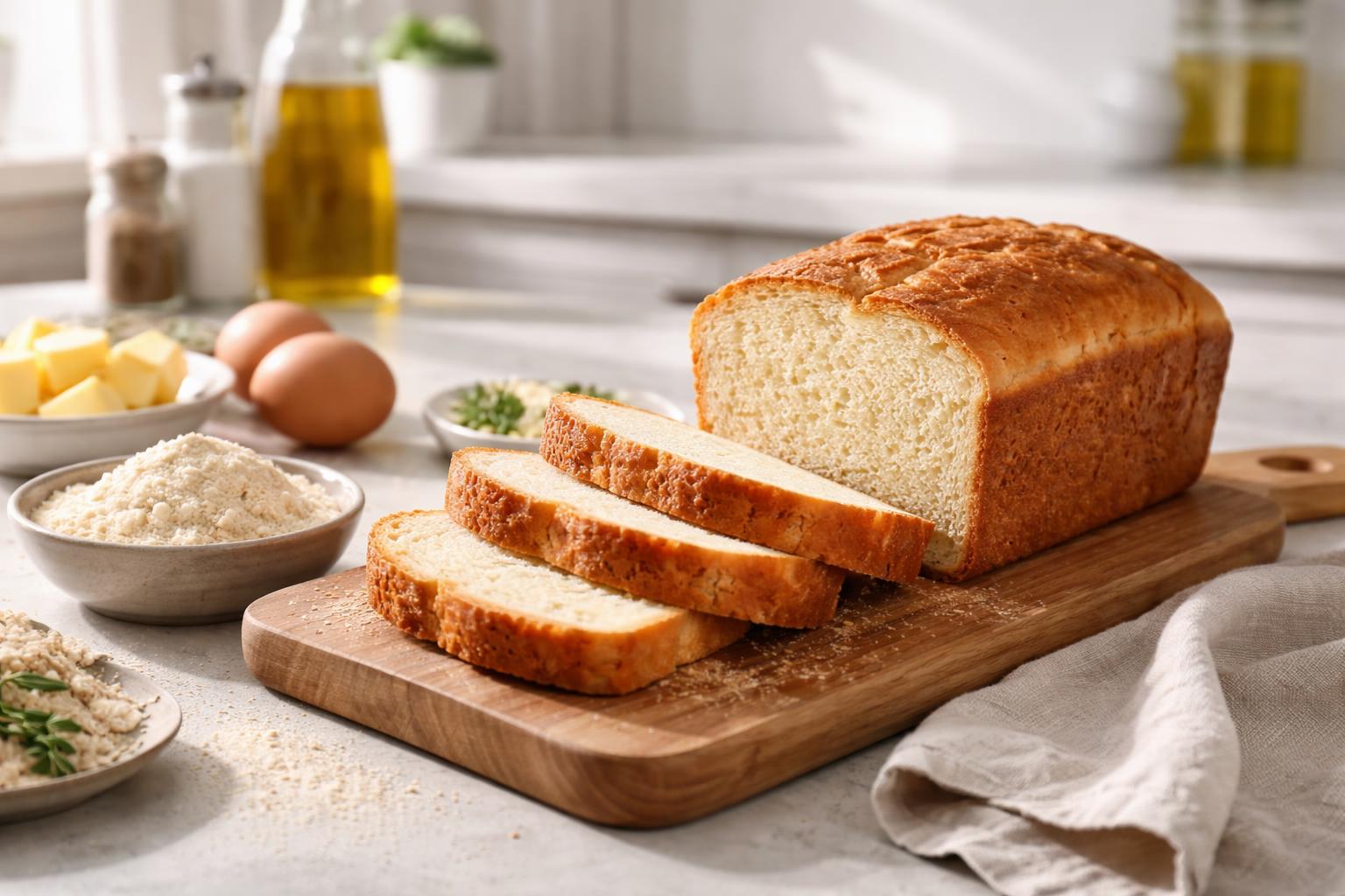 Freshly baked homemade keto bread sliced on a wooden board in a bright kitchen with almond flour and eggs nearby.