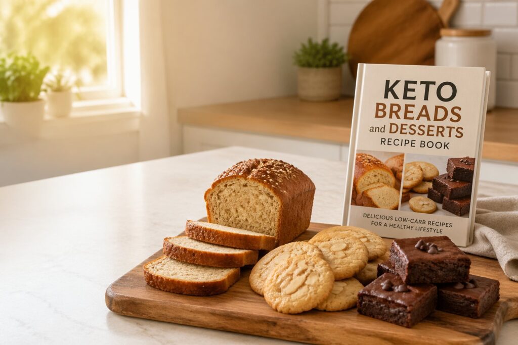 Freshly baked keto breads and desserts from keto breads and desserts recipe book including almond flour bread, sugar free brownies, and low carb cookies in a cozy kitchen setting with natural light.