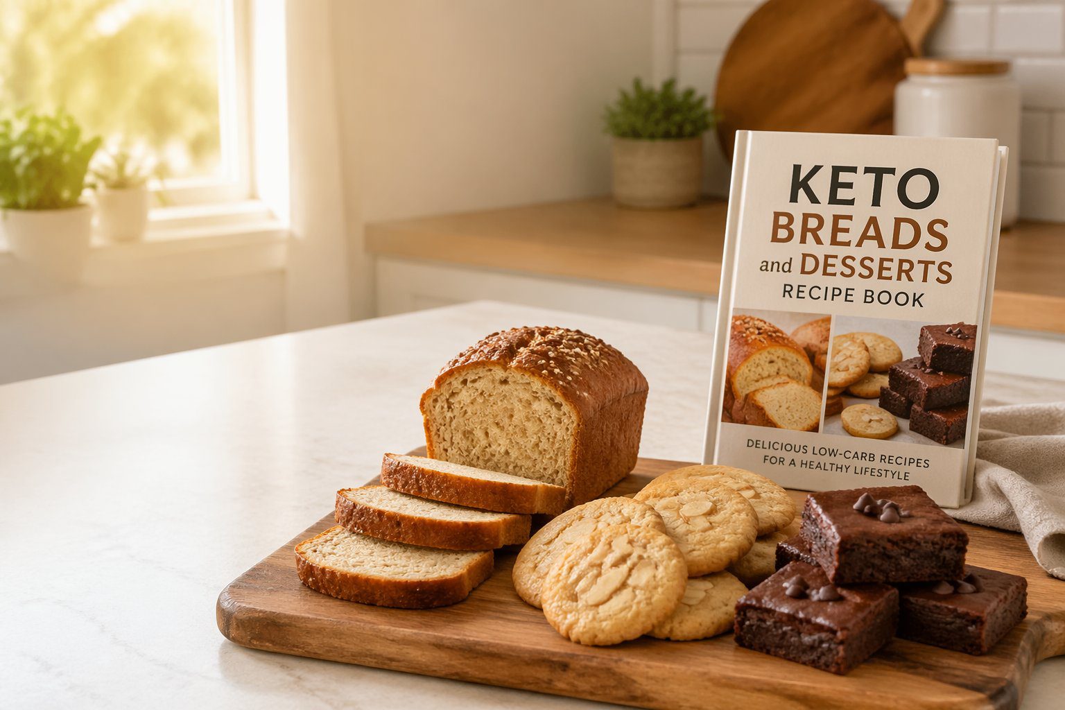 Freshly baked keto breads and desserts from keto breads and desserts recipe book including almond flour bread, sugar free brownies, and low carb cookies in a cozy kitchen setting with natural light.