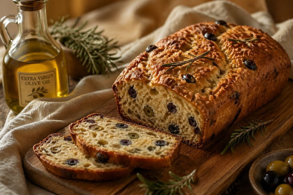 Freshly baked low-carb olive and rosemary bread keto loaf on a rustic wooden table with olive oil and rosemary, showing a homemade keto baking recipe perfect
