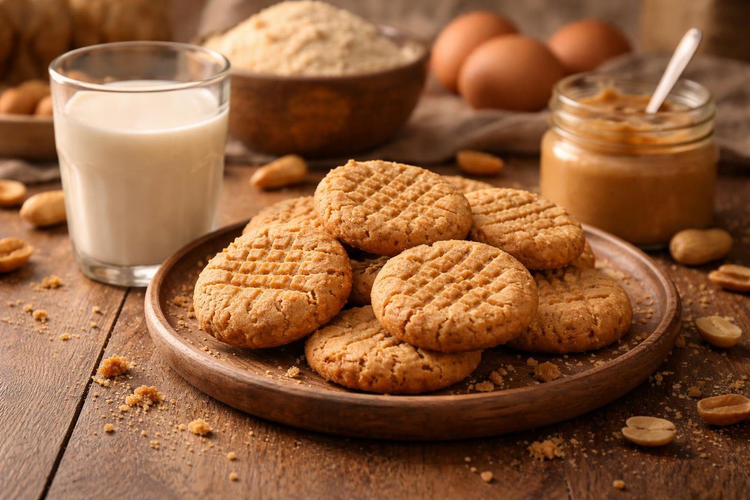 Freshly baked low carb peanut butter cookies recipe served on a rustic plate in a cozy kitchen, showing soft chewy keto cookies made with peanut butter and almond flour for a healthy sugar-free dessert.