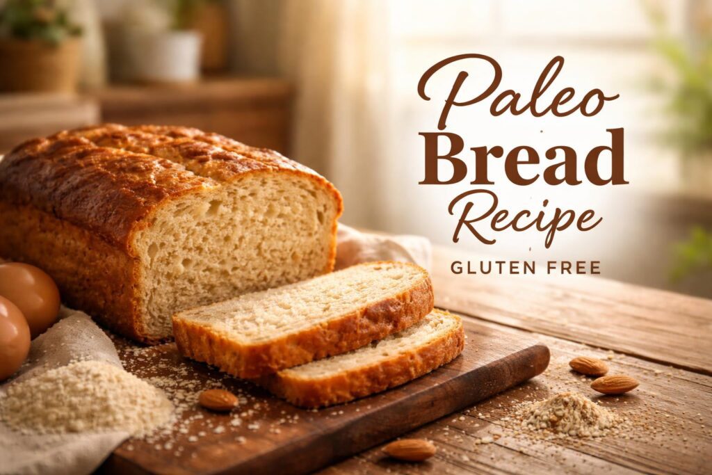 Freshly baked paleo bread recipe gluten free loaf sliced open on a rustic wooden table showing soft fluffy interior, healthy homemade grain-free bread in warm natural kitchen lighting.