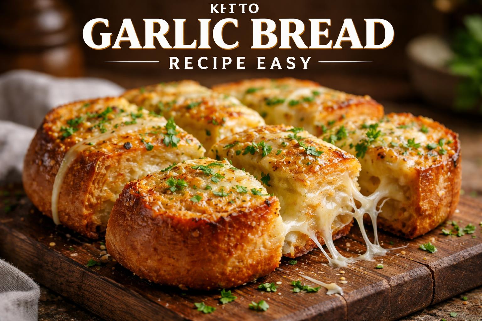 Golden crispy keto garlic bread recipe easy slices topped with melted butter, garlic, and cheese on a rustic wooden board in a warm cozy kitchen setting.