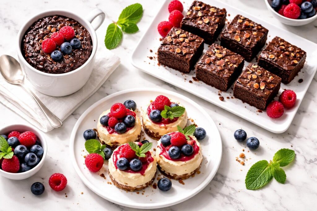 Grain free desserts for weight loss featuring almond flour brownies, keto cheesecake bites, and chocolate mug cake arranged on a clean marble surface with fresh berries, healthy low-carb sweets for dieting.