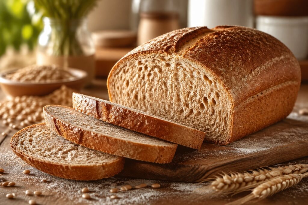 Healthy 100% whole wheat bread loaf sliced on rustic table, soft fluffy interior, golden crust, easy homemade bread recipe with 6 simple ingredients