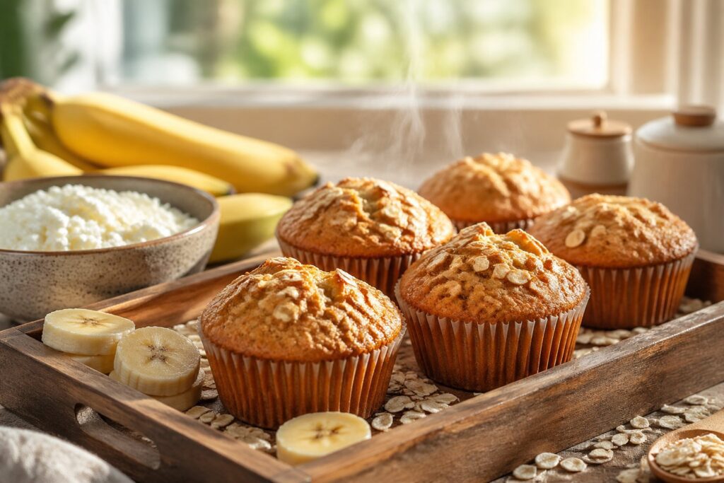 Healthy High Protein Banana Cottage Cheese Muffins paired with gym equipment, showing a high protein snack idea for muscle gain, post-workout recovery, and clean eating fitness routine.
