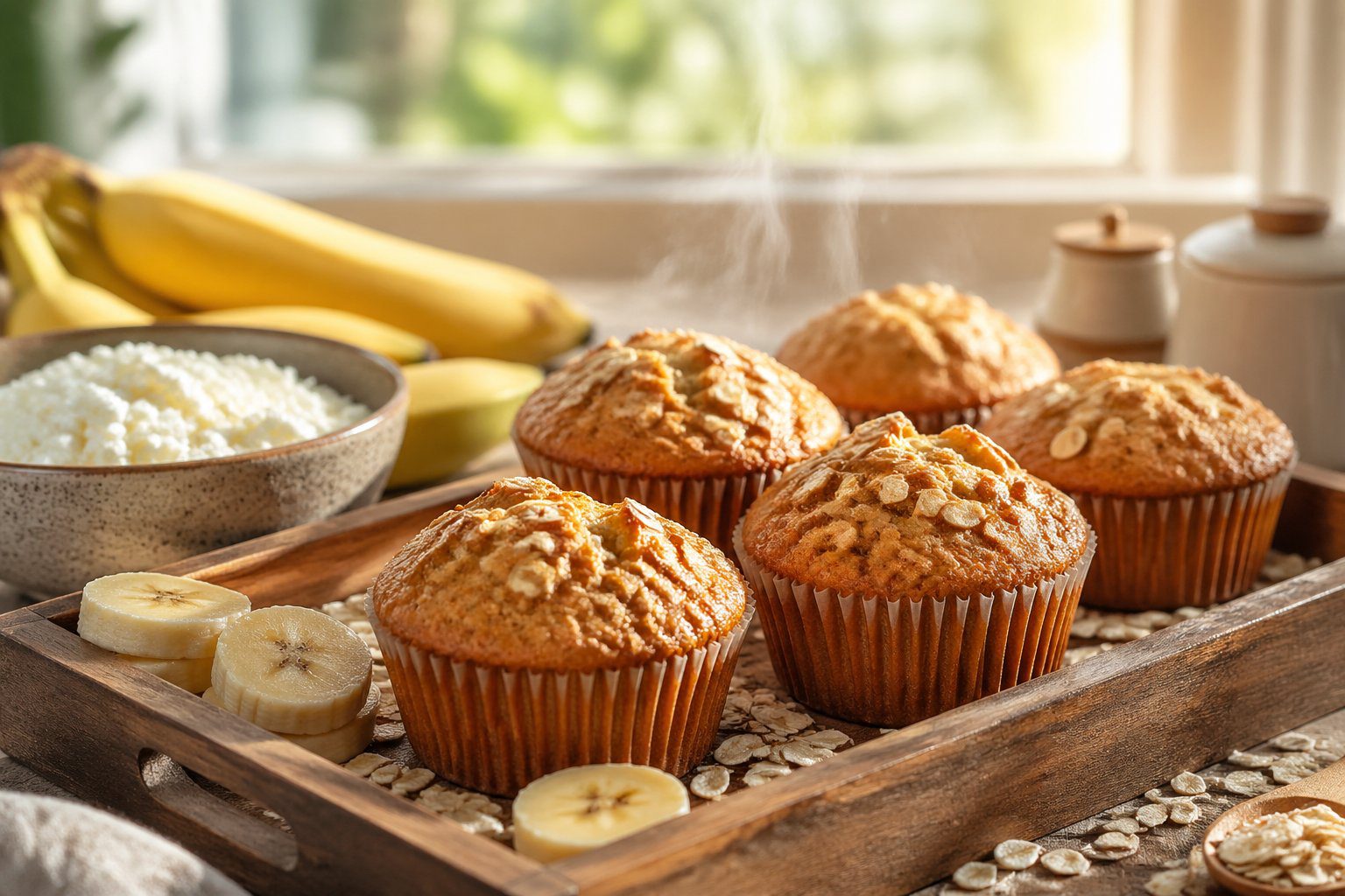Healthy High Protein Banana Cottage Cheese Muffins paired with gym equipment, showing a high protein snack idea for muscle gain, post-workout recovery, and clean eating fitness routine.