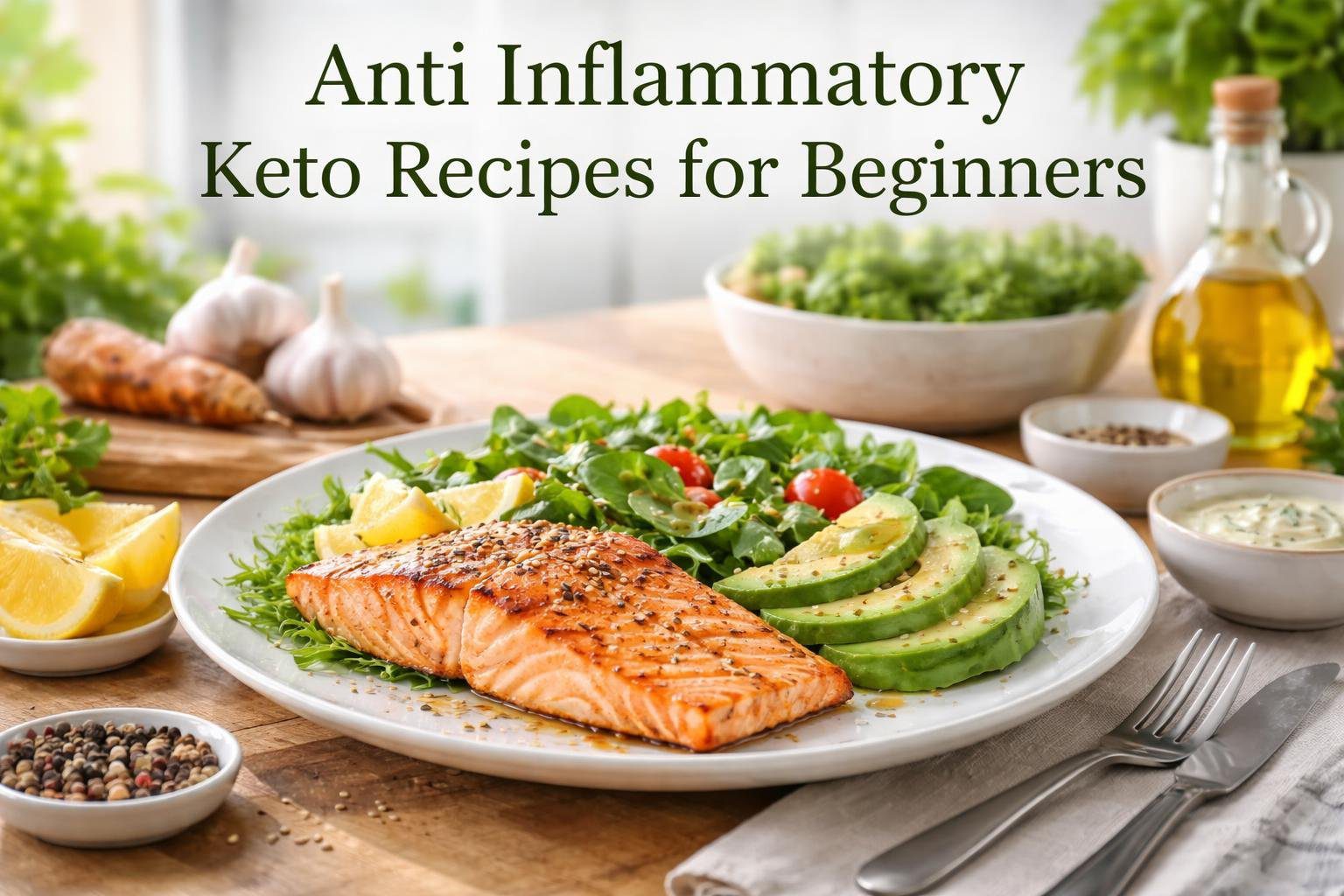 Healthy anti inflammatory keto recipes for beginners featuring grilled salmon, avocado, and fresh greens on a clean kitchen table designed for low carb anti inflammatory meals and beginner keto cooking guide.