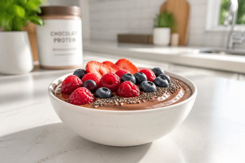 Healthy chocolate protein pudding recipe with fresh berries and chia seeds in a bowl, high-protein dessert idea for weight loss and muscle gain