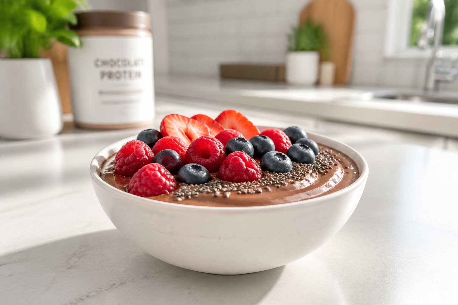 Healthy chocolate protein pudding recipe with fresh berries and chia seeds in a bowl, high-protein dessert idea for weight loss and muscle gain