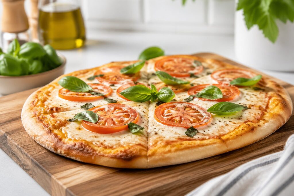High protein Greek yogurt pizza dough baked into a crispy healthy pizza crust with melted cheese and fresh basil on wooden board in bright kitchen