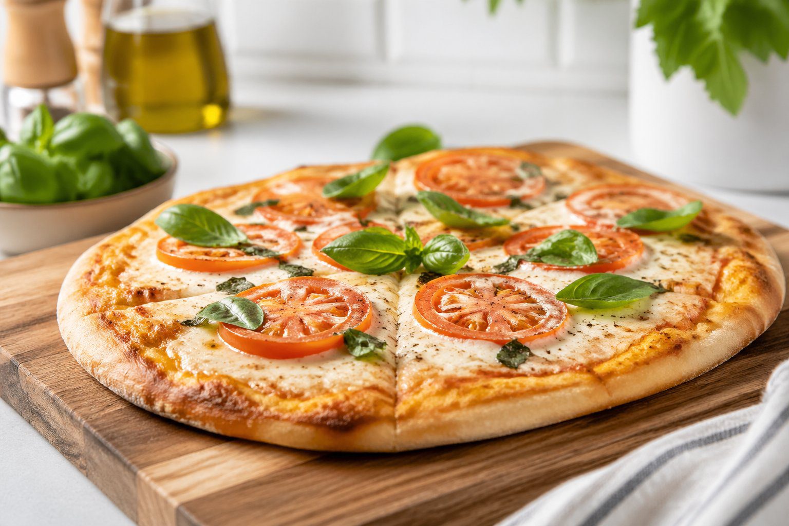 High protein Greek yogurt pizza dough baked into a crispy healthy pizza crust with melted cheese and fresh basil on wooden board in bright kitchen