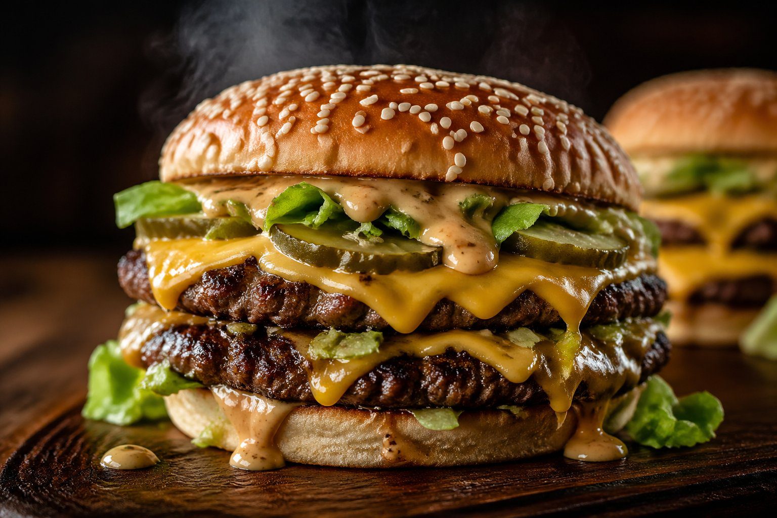 Keto Big Mac Smash Burgers featuring juicy low carb smash burgers with crispy beef patties, melted cheese, pickles, lettuce, and keto Big Mac sauce in a realistic gourmet food style