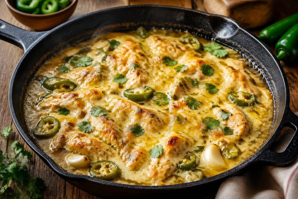 Keto Green Chili Chicken (One Pan Recipe) creamy low carb chicken skillet with green chilies, melted cheese, and herbs served hot in rustic keto comfort food style