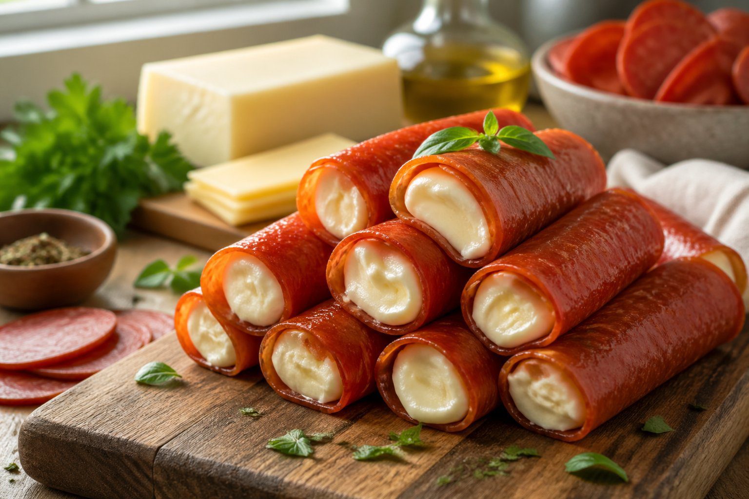 Keto Pepperoni Cheese Roll-Ups easy low-carb lunch and VSG snack, showing pepperoni wrapped around creamy cheese on a rustic board