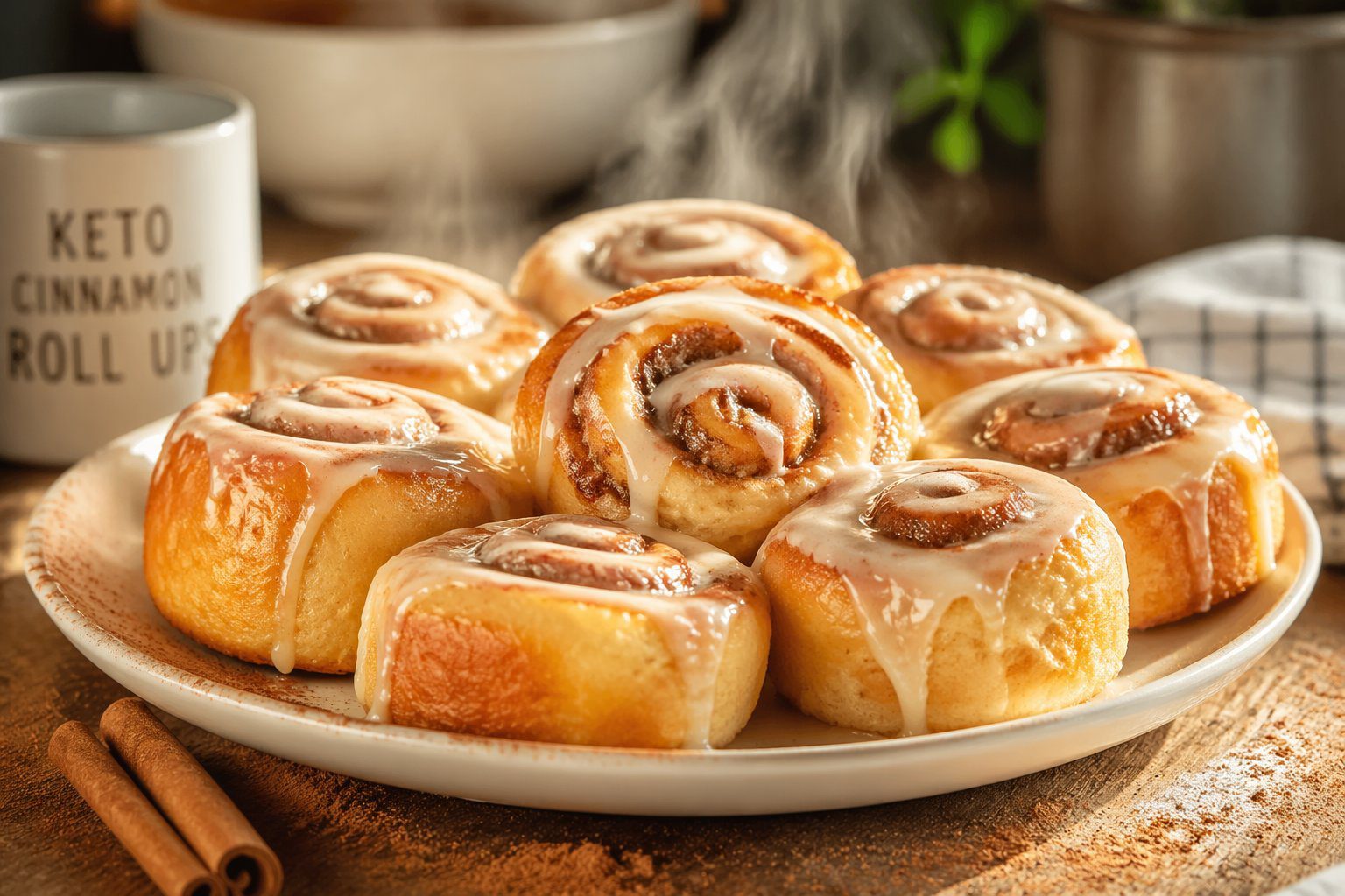 Keto cinnamon roll ups sugar-free dessert served warm on a white plate with icing drizzle, healthy low-carb keto dessert recipe perfect for weight loss and clean eating