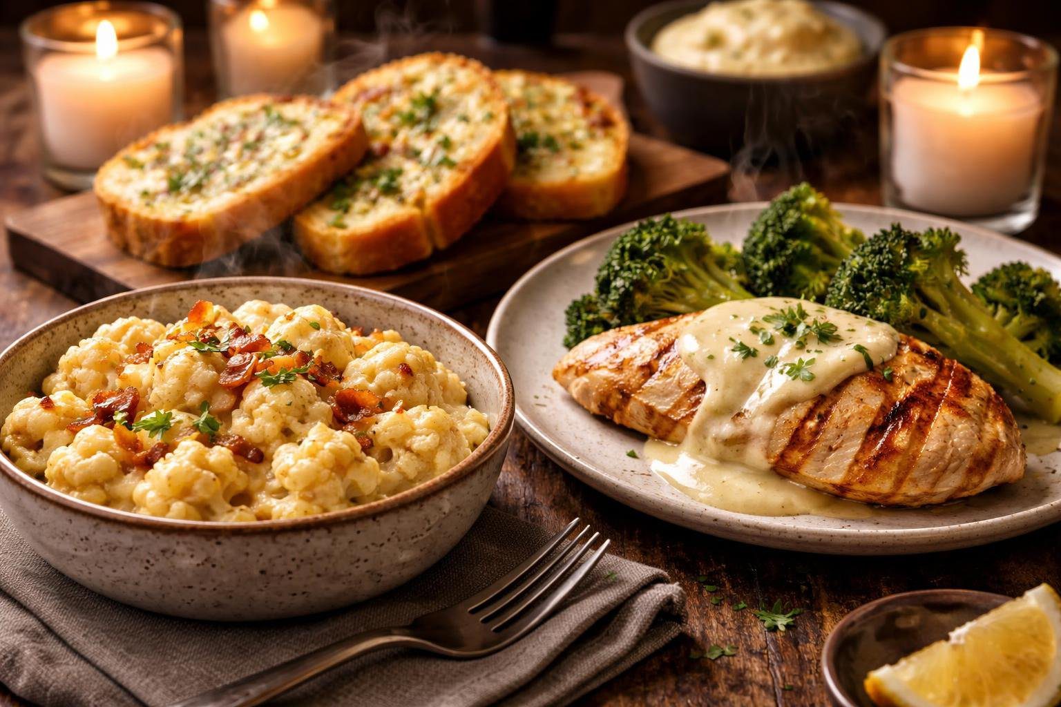 Keto diet comfort food recipes featuring creamy cauliflower mac and cheese, grilled chicken, and low-carb garlic bread on a cozy rustic dinner table.
