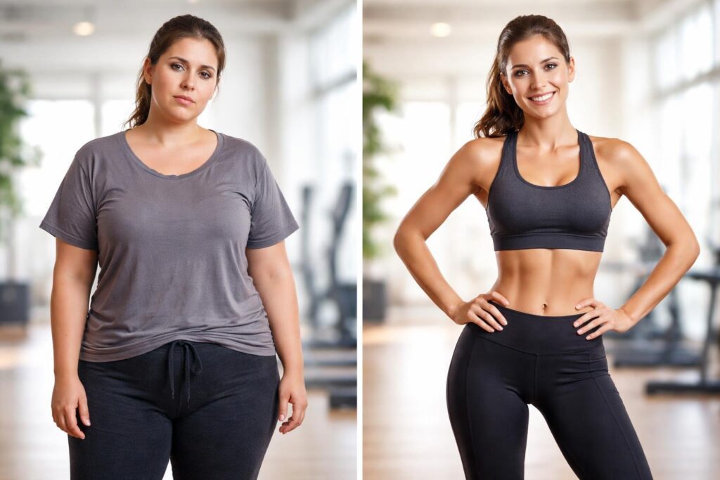 Keto diet results before and after showing dramatic fat loss transformation from overweight to fit and healthy woman with visible body changes and glowing confidence