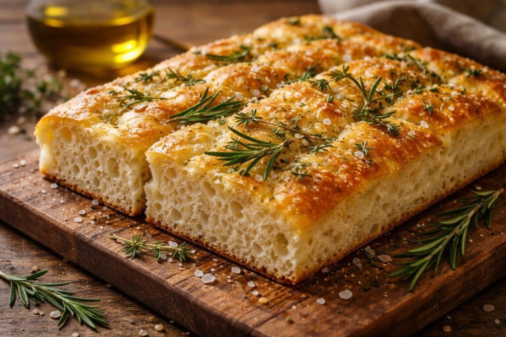 Keto focaccia bread recipe with herbs featuring golden fluffy low-carb bread topped with rosemary, thyme, and olive oil on rustic wooden table