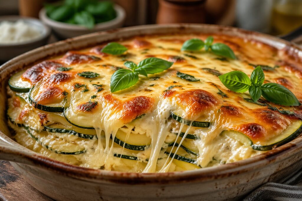 Layered zucchini ricotta melts with golden baked cheese, fresh basil, and visible zucchini layers in a rustic dish, a healthy low carb cheesy comfort food recipe