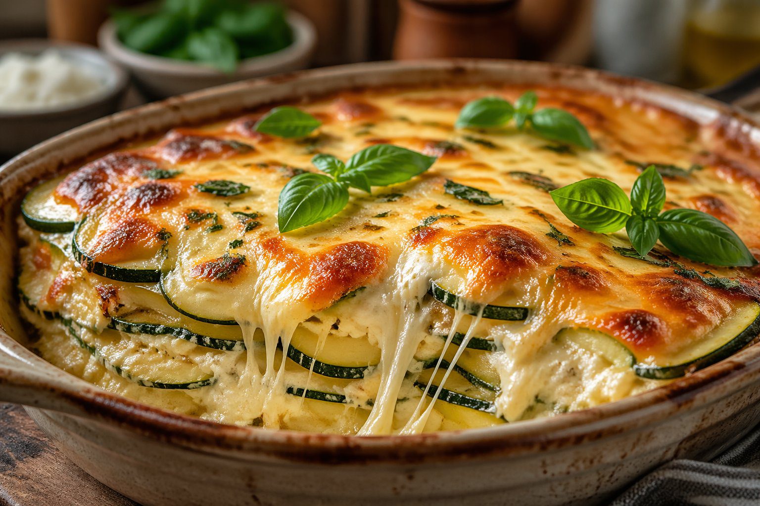 Layered zucchini ricotta melts with golden baked cheese, fresh basil, and visible zucchini layers in a rustic dish, a healthy low carb cheesy comfort food recipe