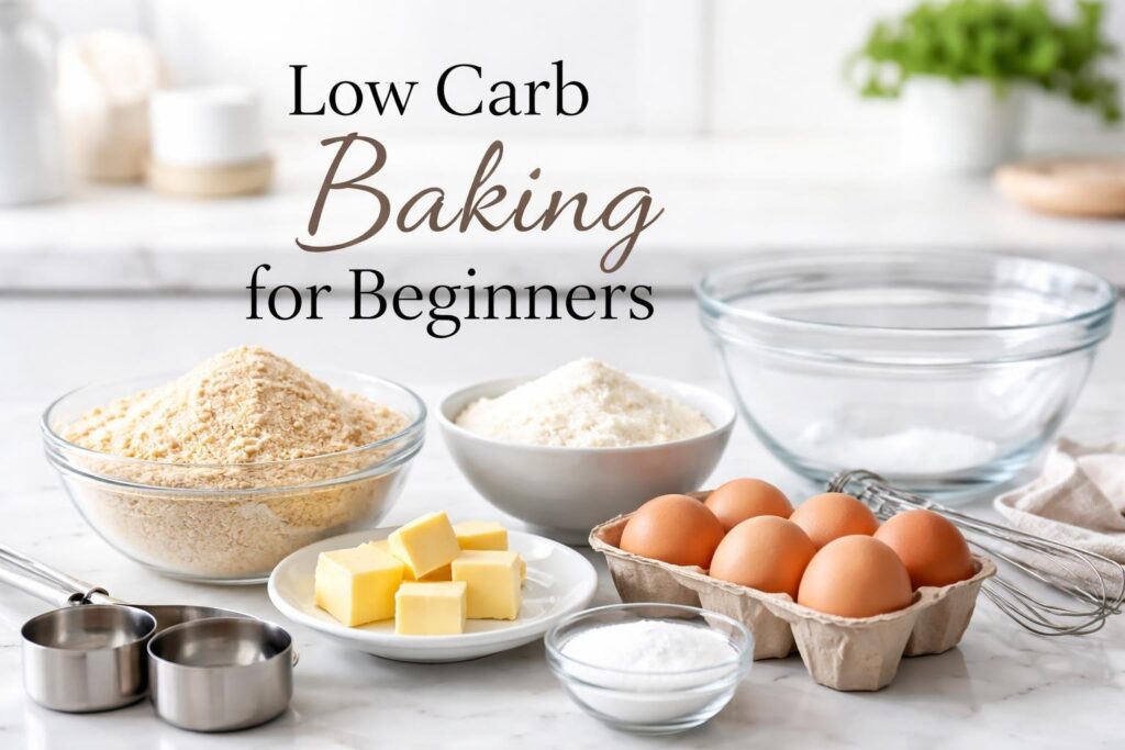 Low carb baking for beginners setup with almond flour, coconut flour, eggs and simple ingredients in a clean kitchen, easy keto baking tools for beginners