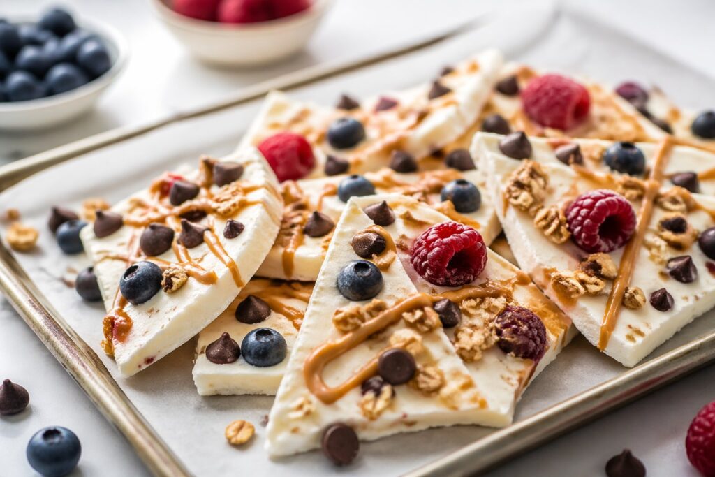 Peanut butter yogurt bark recipe with granola, chocolate chips, and berries on a tray – healthy frozen yogurt bark snack idea