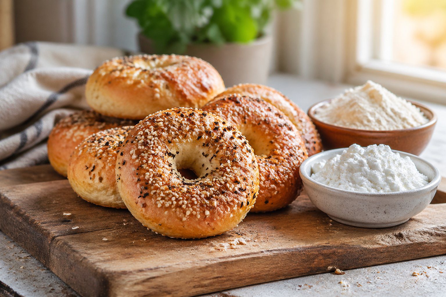 Preparation of 2-Ingredient Keto Cottage Cheese Bagels in a modern kitchen, showing dough mixing, shaping, and baking process for an easy low carb keto recipe.