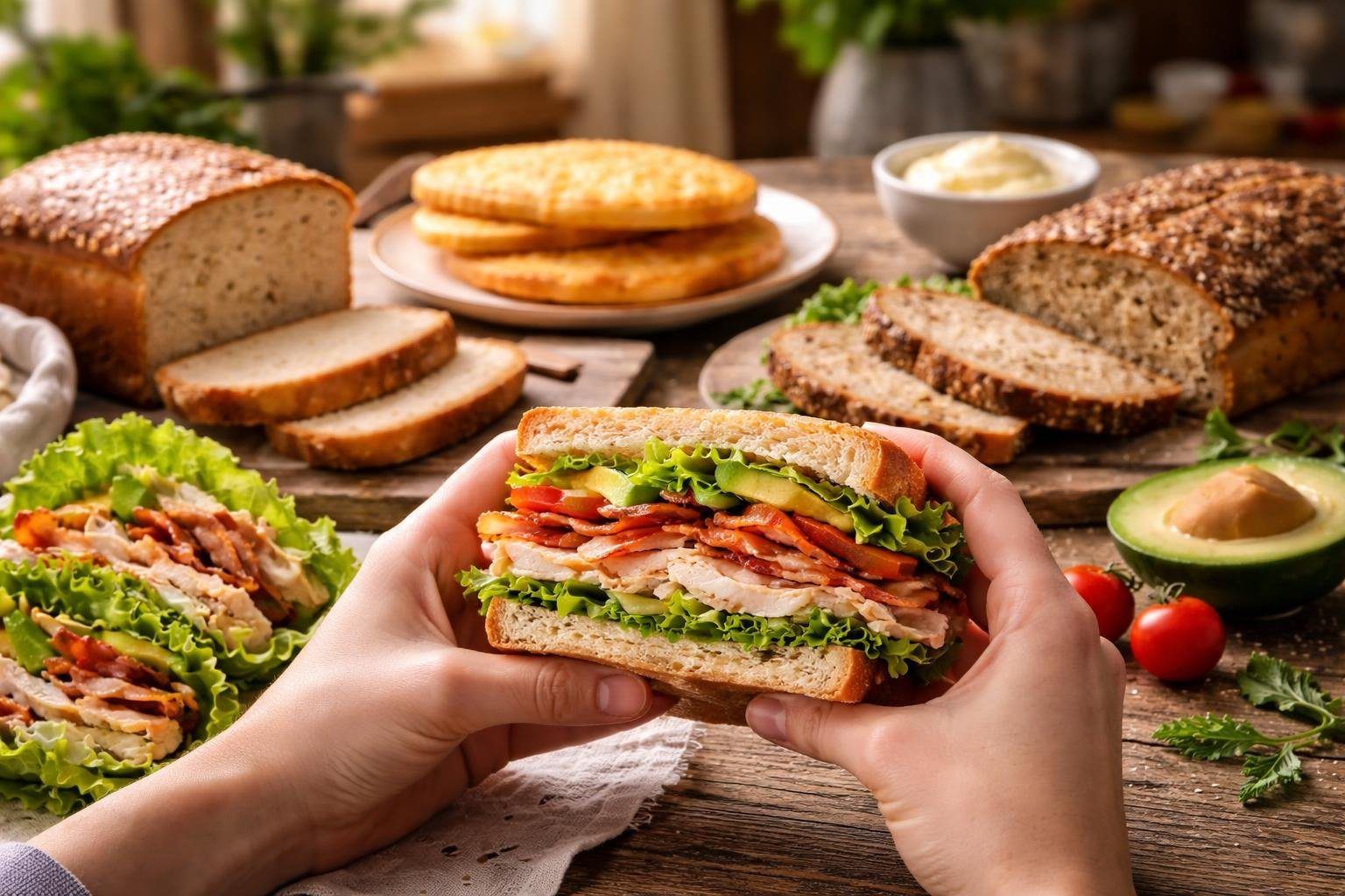 Realistic keto-friendly kitchen table showing almond flour bread, cloud bread, and lettuce wraps used as alternatives in how to stay on keto without giving up bread lifestyle
